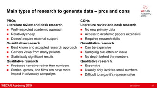 Main types of research to generate data – pros and cons
PROs
Literature review and desk research
 Well-respected academic approach
 Relatively cheap
 Doesn’t require external support
Quantitative research
 Best known and accepted research approach
 Gathers views from many patients
 Statistically significant results
Qualitative research
 Produces narrative rather than numbers
 Stories, quotes, and films can have more
impact in advocacy campaigns
25/10/2019 10
CONs
Literature review and desk research
 No new primary data
 Access to academic papers expensive
 Requires research skills
Quantitative research
 Can be expensive
 Sampling bias often an issue
 No depth behind the numbers
Qualitative research
 Expensive
 Usually only involves small numbers
 Difficult to argue it’s representative
 