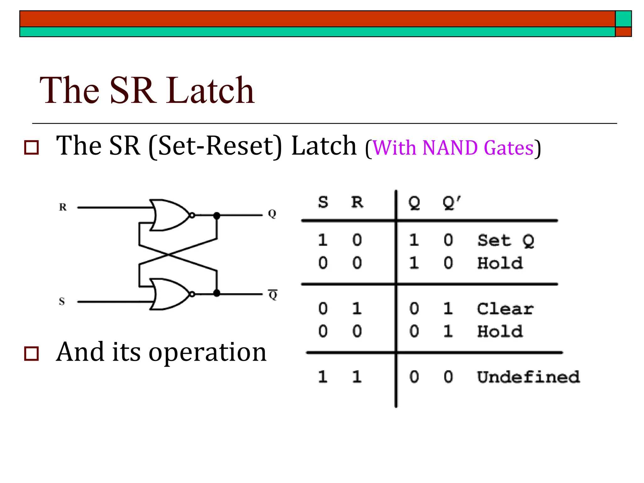 The SR Latch
 The SR (Set-Reset) Latch (With NAND Gates)
 And its operation
 