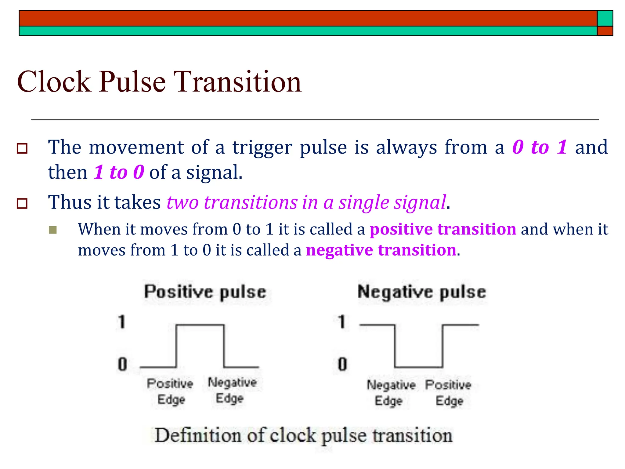 Clock Pulse Transition
 The movement of a trigger pulse is always from a 0 to 1 and
then 1 to 0 of a signal.
 Thus it takes two transitions in a single signal.
◼ When it moves from 0 to 1 it is called a positive transition and when it
moves from 1 to 0 it is called a negative transition.
 