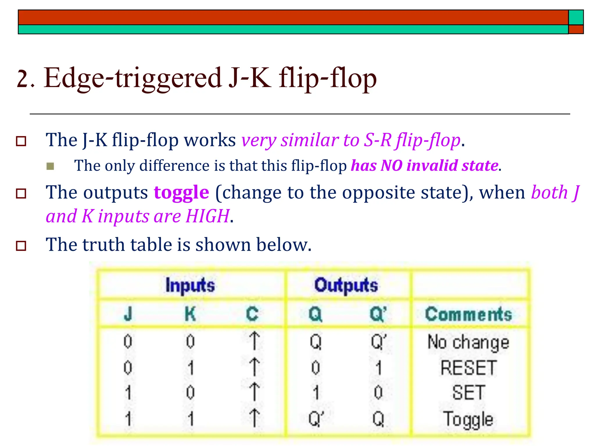 2. Edge-triggered J-K flip-flop
 The J-K flip-flop works very similar to S-R flip-flop.
◼ The only difference is that this flip-flop has NO invalid state.
 The outputs toggle (change to the opposite state), when both J
and K inputs are HIGH.
 The truth table is shown below.
 