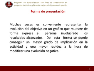 Programa de especialización con fines de acreditación en
proyectos sistémicos, planes de mejora e indicadores de gestión
Forma de presentación
Muchas veces es conveniente representar la
evolución del objetivo en un gráfico que muestre de
forma expresa al personal involucrado los
resultados alcanzados. De esta forma se puede
conseguir un mayor grado de implicación en la
actividad y una mayor rapidez a la hora de
modificar una evolución negativa.
11
 