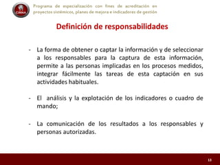 Programa de especialización con fines de acreditación en
proyectos sistémicos, planes de mejora e indicadores de gestión
Definición de responsabilidades
- La forma de obtener o captar la información y de seleccionar
a los responsables para la captura de esta información,
permite a las personas implicadas en los procesos medidos,
integrar fácilmente las tareas de esta captación en sus
actividades habituales.
- El análisis y la explotación de los indicadores o cuadro de
mando;
- La comunicación de los resultados a los responsables y
personas autorizadas.
13
 