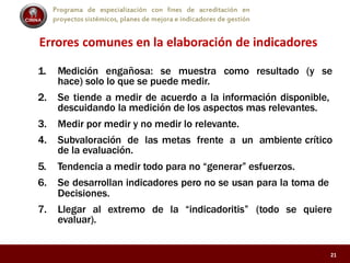Programa de especialización con fines de acreditación en
proyectos sistémicos, planes de mejora e indicadores de gestión
Errores comunes en la elaboración de indicadores
1. Medición engañosa: se muestra como resultado (y se
hace) solo lo que se puede medir.
2. Se tiende a medir de acuerdo a la información disponible,
descuidando la medición de los aspectos mas relevantes.
3. Medir por medir y no medir lo relevante.
4. Subvaloración de las metas frente a un ambiente crítico
de la evaluación.
5. Tendencia a medir todo para no “generar” esfuerzos.
6. Se desarrollan indicadores pero no se usan para la toma de
Decisiones.
7. Llegar al extremo de la “indicadoritis” (todo se quiere
evaluar).
21
 