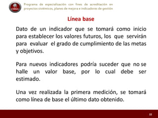 Programa de especialización con fines de acreditación en
proyectos sistémicos, planes de mejora e indicadores de gestión
Línea base
Dato de un indicador que se tomará como inicio
para establecer los valores futuros, los que servirán
para evaluar el grado de cumplimiento de las metas
y objetivos.
Para nuevos indicadores podría suceder que no se
halle un valor base, por lo cual debe ser
estimado.
Una vez realizada la primera medición, se tomará
como línea de base el último dato obtenido.
22
 