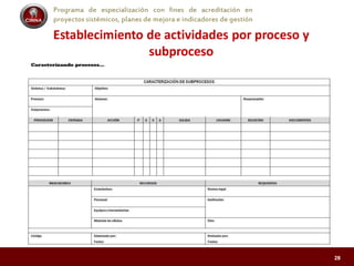 Programa de especialización con fines de acreditación en
proyectos sistémicos, planes de mejora e indicadores de gestión
Establecimiento de actividades por proceso y
subproceso
28
 