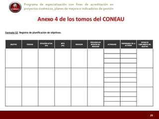 Programa de especialización con fines de acreditación en
proyectos sistémicos, planes de mejora e indicadores de gestión
Anexo 4 de los tomos del CONEAU
29
 