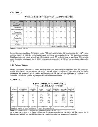 CUADRO 2.1.

                         VARIABLE CLIMATOLOGICAS MÁS IMPORTANTES

             Meses       E      F             M      A         M        J        J          A       S         O      N         D

 Variables
    Temperatura          9.0    9.1           8.9    7.5       5.6     3.9       3.6       5.0      6.7       8.1    8.6       9.0
media mensual (ºC)l
                         14.4   14.6          15.0   15.2      14.6    13.5      13.2      14.0     14.4      15.4   15.6      14.9
    Temperatura
  máxima mensual
       (ºC)l
    Temperatura          3.6    3.51          2.9    0.0       -3.5    -5.7      -6.0      -3.8     -1.0      0.8    1.5       3.1

  mínima mensual
       (ºC)l
       HR(%)             73     72            72     66        62       60       59         61      63        64     66        72
                                                                                 Media Humedad Relativa                        65.8
FUENTE: SENAMHI 2000-2005


La temperatura media de Achacachi es de 7,08, con un promedio de una máxima de 14,57 y, una
mínima media de -04. Sin embargo se puede encontrar máximas hasta de 18 C, principalmente en
los alrededores del Lago, y mínimas extremas de hasta -11 en la zona de la cordillera. El promedio
de la humedad relativa es de 65.8% con un promedio mínimo de 59% y un promedio máximo de
72%.

2.2.2 Calidad de agua

No se cuenta con información sobre la calidad del agua de la totalidad del Municipio. Sin embargo,
existe información de las aguas del Lago Titicaca cuya composición físico-química en líneas
generales se muestran en el cuadro siguiente−datos de varios investigadores, y cuya reducida
variación demuestra que las aguas pueden considerarse estables.

CUADRO. 2.2.

                                         CARACTERÍSTICAS FÍSICO QUÍMICA
                                           DEL AGUA DEL LAGO TITICACA
  DETALLE    NEVEULEMAIRE       POSNANSKY             GILSON          LOFFELER          RICHERSON    HEGEWALD        CARMOUZE
                 1903              1908                1937             1954               1973       1974 – 77        1977

Ca                64,6                 68,7            65,4             54,3              64,0             62,0        65,2
Mg                 18                   16             34,5              41                36              36,4         35
Na                261                  240             167,7            176                 -              205,0       178,9
K                   8                   4              14,9              14                 -              21.7        15,4
SO4               392                  285             246,2            251               282              265,7       253,4
Cl                287                  339              247             244               260              272,0       253,8

Composición iónica (en mg.l-1) de las aguas del Titicaca según las dosificaciones publicadas por
diferentes autores (la fecha mencionada es la del año de muestreo).
FUENTE: ILTIS, CARMOUZE, LEMOALLE. Características Físico-químicas de Agua, 1983.
A su vez, se cuenta con datos obtenidos de algunos proyectos de riego; así las aguas de la
comunidad Mijlluni, del Cantón Santiago de Huata muestran los siguientes resultados.


                                                                            19
 