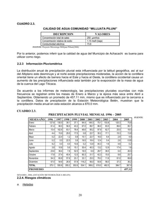 CUADRO 2.3.
                         CALIDAD DE AGUA COMUNIDAD “MILLIJATA PILUNI”
                                     DECRIPCION                                         VALORES
                        Concentración total de sales                          250 μomhos
                        Concentración relativa de sodio                       1.15 me/lt (baja)
                        Conductividad eléctrica                               73.8
              FUENTE: Proyecto Microriego Millijata Pilluni(2006)


Por lo anterior, podemos inferir que la calidad de agua del Municipio de Achacachi es buena para
utilizar como riego.

2.2.3 Información Pluviométrica

La distribución anual de precipitación pluvial esta influenciada por la latitud geográfica, así al sur
del Altiplano este desminuye y al norte existe precipitaciones moderadas, la acción de la cordillera
oriental tiene un efecto de barrera hacia el Este y hacia el Oeste, la cordillera occidental causa un
aumento de las precipitaciones influenciada esta también por la evaporación de la masa de agua
de la cuenca del Lago Titicaca.

De acuerdo a los informes de meteorología, las precipitaciones pluviales ocurridas con más
frecuencia se registran entre los meses de Enero a Marzo y la época más seca entre Abril a
Septiembre. Obteniendo un promedio de 457.11 mm, mismo que es influenciado por la cercanía a
la cordillera. Datos de precipitación de la Estación Meteorológica Belén, muestran que la
precipitación media anual en esta estación alcanza a 870.0 mm.

CUADRO 2.3.
                               PRECIPITACION PLUVIAL MENSUAL 1996 – 2005
                                                                                                                              FUENTE:
          MESES/AÑO           1996       1997 1998 1999 2000 2001 2002 2003                               2004      2005
          Enero                 127.8    130.0     39.1    37.1        94.4    149.3     70.1     153.8     120.3      75.8
          Febrero                61.4     90.0     56.5    43.3        67.0     89.7     96.0      83.5      89.0      95.7
          Marzo                  15.4    102.6     63.1    78.4        48.6     95.2     97.9      62.7      25.5      18.5
          Abril                    4.4    15.9     29.5    17.5         0.8     22.7     30.2      17.1      15.3      13.8
          Mayo                     0.2    22.4      1.2     0.8        15.1     22.7     16.0       6.4       2.8       4,9
          Junio                    0.2     0.0     22.5     3.8        19.5     16.4     12.4       0.4       2.6      0.00
          Julio                    9.2     0.0      0.0    10.6         0.2     12.8     40.3       1.6       4.8       0.2
          Agosto                   3.8    10.6      5.6    15.1        30.4     40.3     13.2      12.9      17.4       1.8
          Septiembre             23.6     36.4      7.8    52.5        18.5       6.9    28.7      39.5       0.0      26.5
          Octubre                17.8     27.4     45.4    12.5        90.3     31.7     42.3      15.0       8.8      25.7
          Noviembre              54.3     60.8     57.6    23.1        33.1     25.5     78.3      11.6      61.0      68.8
          Diciembre              57.0     54.6     26.9    57.9     116.2       56.0     93.6      58.0      37.3      36.2
          TOTAL                 375.1    550.8   355.2    352.6     534.1      569.2    619.0     462.5     384.7     367.9
          PROMEDIO                                                                                                  457,11

SENAMH1, 2006, (ESTACIÓN METEOROLÓGICA BELEN)
2.2.4. Riesgos climáticos

a.   Heladas


                                                                  20
 