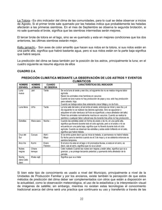 La Totora.- Es otro indicador del clima de las comunidades, para lo cual se debe observar a inicios
de Agosto, Si el primer brote sale quemado por las heladas indica que probablemente las heladas
afectarán a las primeras siembras. En el mes de Septiembre se observa la segunda brotación, si
no sale quemada el brote, significa que las siembras intermedias serán mejores.

El tercer brote de totora en el lago, sino se ve quemado y esta en mejores condiciones que los dos
anteriores, las últimas siembras estarán mejor.

Kellu jamachi.- Son aves de color amarillo que hacen sus nidos en la totora, si sus nidos están en
una parte alta, significa que habrá bastante agua, pero si sus nidos están en la parte baja significa
que habrá sequía.

La predicción del clima se basa también por la posición de los astros, principalmente la luna; en el
cuadro siguiente se resume algunos de ellos

CUADRO 2.4.

    PREDICCIÓN CLIMÁTICA MEDIANTE LA OBSERVACIÓN DE LOS ASTROS Y EVENTOS
                                 CLIMÁTICOS
 NOMBRE        NOMBRE           CUANDO                         CARACTERÍSTICAS DEL INDICADOR
 ESPAÑOL       AYMARA         SE OBSERVA
 Luna          Jairi         Tarde         Se ve la luna al oeste y ese día y al siguiente día no se realiza ninguna labor
 nueva                                     agrícola.
                                           Nacen los animales crías hembras en vacunos
                                           Cuando es luna nueva no hay producción de papa y oca, solo hay producción
                                           para cebada, trigo.
                                           Cuando se trabaja estos días solamente crece follaje y no da fruto.
 Luna llena    Urt'a         Tarde         La luna sale del este y el sol entra al oeste, entonces se miran y ese día y al
                                           día siguiente no se realizan las labores agrícolas. Sino se aguzanan o
                                           adquieren el color derdusco (el fruto es superficial y crece alrededor del tallo)
                                           Paren los animales normalmente machos en vacunos. Cuando se realiza la
                                           siembra o cualquier labor cultural ese día durante tres años no hay producción.
 Estrellas     Wara wara     Noche -       Cuando las estrellas están en forma de arado o de rió, en una parte alta,
                                           significa que lloverá durante todo el ciclo agrícola, pero si el arado o rió se
                                           encuentra en una parte baja, significa que no lloverá durante todo el ciclo
                                           agrícola. Cuando se observan las estrellas y estas están brillando en el cielo,
                                           significa que habrá helada.
 Cruz del      Curuza        Abril -       Si se entra quiere decir que se inicia la helada, si permanece no habrá helada
 Sur                         Mayo          Es fecha para la siembra cuando es el 3 de mayo y si se adelanta entonces es
                                           siembra temprana.
 Arco Iris     Kurmi         Enero         Si el arco iris esta en el lago o rió pronostica lluvias, si esta en el cerro, es
                             Febrero       decir, cae al cerro, significa que no va a Llover
 Nubes         Chiara                      Cielo nublado Cuando las nubes son negras y están altas, significa que va a
 negras        kenaya                      granizar, y se protege lanzando petardos y quemando leña alrededor de la
                                           parcela.
 Noche         Khala najti                 Significa que va a helar
 clara Cielo
 claro



Si bien este tipo de conocimiento es usado a nivel del Municipio, principalmente a nivel de la
Unidades de Producción Familiar y por los ancianos, existe también la percepción de que estos
métodos de predicción del clima deber ser complementados con otros que están a disposición en
la actualidad, como la observación meteorológica, el uso de la estadística y la interpretación visual
de imágenes de satélite; sin embargo, mientras no existan estas tecnologías el conocimiento
tradicional acerca del clima será una practica que continuara su uso y transferido a través de las


                                                                 22
 