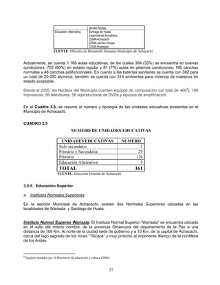 Jancko Amaya
                          Educación Alternativa    Santiago de Huata
                                                   Experimental Avicahaca
                                                   CEMA-Achacachi
                                                   CEMA-Jancko Amaya
                                                   CEMA-Huatajata
                         FUENTE: Oficialia de Desarrollo Humano-Municipio de Achacachi


Actualmente, se cuenta 1.168 aulas educativas, de los cuales 384 (33%) se encuentra en buenas
condiciones, 703 (60%) en estado regular y 81 (7%) aulas en pésimas condiciones; 180 canchas
normales y 48 canchas polifuncionales. En cuanto a las baterías sanitarias se cuenta con 382 para
un total de 20.000 alumnos, también se cuenta con 514 ambientes para vivienda de maestros en
estado aceptable.

Desde el 2005, los Núcleos del Municipio cuentan equipos de computación (un total de 4008), 189
impresoras, 56 televisores, 56 reproductoras de DVDs y equipos de amplificación.


En el Cuadro 3.5. se resume el número y tipología de las unidades educativas existentes en el
Municipio de Achacachi.


CUADRO 3.5
                                       NUMERO DE UNIDADES EDUCATIVAS

                              UNIDADES EDUCATIVAS                           NUMERO
                             Solo secundario                                       1
                             Primaria y Secundaria                                29
                             Primaria                                            126
                             Educación Alternativa                                 5
                             TOTAL                                               161
                           FUENTE: Dirección Distrital de Achacachi


3.5.5. Educación Superior

a. Institutos Normales Superiores

En la sección Municipal de Achacachi, existen dos Normales Superiores ubicadas en las
localidades de Warisata y Santiago de Huata.


Instituto Normal Superior Warisata: El Instituto Normal Superior “Warisata” se encuentra ubicado
en el ayllu del mismo nombre, de la provincia Omasuyos del departamento de la Paz a una
distancia de 109 Km. Al norte de la ciudad sede de gobierno y a 10 Km. de la capital de Achacachi,
cerca del lago sagrado de los Incas “Titicaca” y muy próximo al imponente Illampu de la cordillera
de los Andes.


8
    Equipos donados por el Ministerio de educación y cultura (2006)


                                                                  37
 