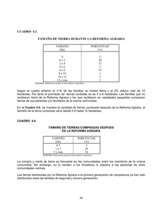 CUADRO 4.3.

               TAMAÑO DE TIERRA DURANTE LA REFORMA AGRARIA

                                   TAMAÑO                                 PORCENTAJE
                                     (Ha)                                     (%)

                                         0                                    11
                                        0a2                                   20
                                        2a4                                   31
                                        4a6                                    2
                                        6a8                                   23
                                       8 a 10                                  1
                                      10 a 12                                  7
                                     12 y más                                  2
             FUENTE: Elaboración propia en base talleres cantonales


Según el cuadro anterior el 11% de las familias no recibió tierra y el 2% obtuvo más de 10
hectáreas. Por tanto el promedio de tierras recibidas es de 4 a 8 hectáreas. Las familias que no
recibieron tierra de la Reforma Agraria y los que recibieron en cantidades pequeñas compraron
tierras de sus parientes y/o familiares de la misma comunidad.

En el Cuadro 4.4, se muestra la cantidad de tierras comprada después de la Reforma Agraria, el
tamaño de la tierra comprada varía desde 0.5 hasta 12 hectáreas.


CUADRO 4.4.

                           TAMAÑO DE TIERRAS COMPRADAS DESPUES
                                  DE LA REFORMA AGRARIA

                               TAMAÑO                      PORCENTAJE
                                  (Ha)                         (%)
                                   0.5                           5
                                 1a5                            85
                                5 y más                         10
                     FUENTE: Elaboración propia en base talleres cantonales


La compra y venta de tierra es frecuente en las comunidades entre los miembros de la misma
comunidad. Sin embargo, no lo venden a los forasteros ni siquiera a las personas de otras
comunidades vecinas.

Las tierras distribuidas por la Reforma Agraria a la primera generación de campesinos ya han sido
distribuidos entre las familias de segunda y tercera generación.




                                                              54
 