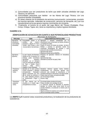 c) Comunidades que son productores de leche que están ubicadas alrededor del Lago
           Titicaca y en planicies.
        d) Comunidades pesqueras que habitan en las riberas del Lago Titicaca, con una
           economía familiar consolidada.
        e) En áreas urbanas con la prestación de servicios (comunicación, comerciantes, provisión
           de insumos agrícolas, materiales de construcción, servicios de transporte, etc.) por sus
           características es la que genera mayores movimientos de circulante.
        f) Finalmente, el turismo en el sector del Lago Menor del Titicaca (Huatajata, Chua,
           Compi, Chilaya, Tajara, etc.) tiene su importancia y implica ingresos familiares.

CUADRO 4.14.

   ZONIFICACIÓN DE ACHACACHI EN CUANTO A SUS POTENCIALIDAD PRODUCTIVAS
                           (Municipio de Achacachi)
     TIPOLOGIA                   ZONA                            CARACTERÍSTICAS PARTICULARES
  Agricultores de   Comunidades anexas a la            Agricultura y pecuaria caracterizada por la
  subsistencia      cordillera    real      (Cantón    diversificación para contrarrestar los factores climáticos
  (comunidades      Corpaputo y algunas de Franz       y la tipología de suelos.
  vulnerables)      Tamayo, Janko Amaya y otros        Poseen un número de limitado de animales (el ahorro
                    las que están en las serranías)   familiar) y practican la agricultura cuando las
                                                       condiciones climatológicas les permiten y cuya
                                                       producción esta orientada al autoconsumo.
                                                       Agricultura bajo secano
                                                       Pastoreo en función de los CANAPAs .
  Agricultores      La gran mayoría del Municipio      Presencia de agricultura intensiva en microclimas
  pequeños          ubicada en los 14 cantones, sin    (cebolla).
                    embargo puede encontrarse          Agricultura bajo riego
                    agricultores            pequeños   Sobresale la producción de papa y haba.
                    articulados con el mercado
                    como los productores de semilla
                    de Papa y Cebolla (Franz
                    Tamayo),       Haba        (Chua
                    Visalaya,), Chuño (Warisata).
   Productores      Ubicados en la zona Lechera        Ganadería Intensiva (ganado bovino lechero),
   pequeños         (Cantón Achacachi y Warisata       complementado con producción agrícola cuya
   mixtos           principalmente).      Sobresalen   producción esta orientada al autoconsumo, y el
                    algunos productores que mas        excedente destinado al intercambio en las ferias locales.
                    allá de vender los productos a     Poseen áreas de forrajes, principalmente alfalfa.
                    PIL, están realizando practicas    Uso de tecnología limitada.
                    de transformación (Yogurt y        Acceso a riego
                    queso)
   Productores      La gran mayoría que se             Su principal ingreso proviene de la pesca.
   pesqueros        encuentra en el Sector Lago,       Poseen animales como estrategia de ahorro
   mixtos           principalmente en la ribera.       La producción agrícola se desarrolla en pequeñas
                                                       parcelas, en muchos casos surcos dentro de las
                                                       parcelas familiares y la producción se destina para el
                                                       autoconsumo.
                                                       Algunos combinan los ingresos con la venta de mano de
                                                       obra en la actividad turística (hoteles).


Los MAPA 5 y 6 muestran estas vocaciones productivas y la localización de los productores de
subsistencia.




                                                                  69
 