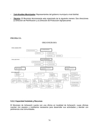 -       Sub-Alcaldes Municipales: Representantes del gobierno municipal a nivel distrital.

-       Técnico: El Municipio técnicamente esta organizado de la siguiente manera: Dos direcciones
        (i) Dirección de Planificación y (ii) Dirección de Producción Agropecuarias




FIGURA 5.1.

                                                                                   ORGANIGRAMA

    NIVEL LEGISLATIVO
                                                                                 H. CONSEJO MUNICIPAL
                                         AGENTES MUNICIPALES


                                                                ASESOR LEGAL                      ASESOR TECNICO


                                                                                                  SECRETARIA            MENSAJERO




    NIVEL EJECUTIVO                                                              H. ALCALDE MUNICIPAL


                                                       SECRETARIO EJECUTIVO                       SECRETARIA


                                                               ASESOR JURIDICO                    AUDITOR INTERNO




             OFICIALIA MAYOR                                                     OF. MAYOR DE DESARROLLO                                       OF. MAYOR DESARROLLO
             ADM. Y FINANCIERO                                                   PRODUCTIVO                                                    HUMANO




    NIVEL OPERATIVO
                                                                                                                                                             INTENDENCIA
             DIRECCIÓN
                                                               DIRECCIÓN TECNICA                        DIRECCIÓN DE
             ADNINISTRATIVO                                                                                                             DIREC EDUC.
                                                                                                        DESARROLLO
             FINANCIERO                                                                                                                 CULTURA Y            ENC. COMUNICACIÓN
                                                                                                        AGROPECUARIO
                                                                                                                                        DEPORTE              SOCIAL



                                                                                                                                           ESC.              BANDA MUNICIPAL
                  UNIDAD DE                                                                                                                FUTBOL
     UNIDAD DE                    UND. DE               UND. DE           UND. DE           UND. PRODUCCIÓN         UND DE DESARROLLO
                  CONTABILIDA Y                         OBRAS Y
     RECAUDAC                     ADMINISTRACIÓ                           SERVICIOS         PECUARIA Y              AGROPECUARIO Y
                  PRESUPUESTOS
     IONES                        N DE BIENES           PROYECTOS         MUNIPALES         MEJORAM. GENETICO       AGROINDUSTRIAL
                                                                                                                                                              DEF. NIÑEZ Y ADOLEC.


                                                                                                                                                             UND. DE SALUD Y
                                         CUADRILLA         SECCION               SECCION        SECCION                UND. DE                               MEDIO AMBIENTE
                                         DE TÉCNICAS       CATASTRO              MECANIZA       MEJORAMIENTO           DESARROLLO
                                         Y OBREROS                               DA             GENETICO               TURISTICA




5.2.2. Capacidad Instalada y Recursos

El Municipio de Achacachi cuenta con una oficina en localidad de Achacachi, cuyas oficinas
cuentan con equipos y mobiliarios necesarios para desarrollar sus actividades y atender con
pertinencia a las comunidades.




                                                                                                  74
 