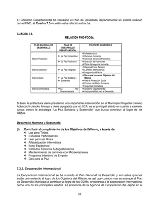 El Gobierno Departamental ha realizado el Plan de Desarrollo Departamental en escrita relación
con el PND, el Cuadro 7.5 muestra esta relación estrecha.


CUADRO 7.6.
                                         RELACION PND-PDDEs.

              PLAN NACIONAL DE        PLAN DE                         POLITICAS GENERALES
                DESARROLLO          DESARROLLO
                                   DEPARTAMENTAL
                                                               Infraestructura
                                   La Paz Competitiva         Recursos humanos
            Bolivia Productiva                                 Servicios de Apoyo Productivo
                                   La Paz Productiva          Atracción de inversiones
                                                               Clima de negocios favorable
                                                               Diagonal Franz Tamayo
            Bolivia Soberana       La Paz Integrada           Carretera Interoceanica
                                                               Integración del Norte
                                                               Recursos humanos Objetivos del
            Bolivia Digna          La Paz Solidaria y          Milenio
                                   Sostenible                 Red de Protección Social
                                                               Cuidado del Medio Ambiente
                                                               Seguridad Ciudadana
            Bolivia Democrática    La              Paz        Gobierno Departamental
                                    Descentralizada            Institucionalidad para el Desarrollo




Si bien, la prefectura viene prestando una importante intervención en el Municipio Proyecto Camino
Achacachi-Jancko Amaya y otros apoyados por el JICA, es el principal aliado en cuanto a caminar
juntos dentro la estrategia “La Paz Solidaria y Sostenible” que busca contribuir al logro de los
ODMs.


Desarrollo Humano y Sostenible

(i)   Contribuir al cumplimiento de los Objetivos del Milenio, a través de:
       Luz para Todos
       Escuelas Participativas
       Leer para ser libres
       Alfabetización Informática
       Bono Esperanza
       Institutos Técnicos Autogestionarios
       Mantenimiento de caminos con Microempresas
       Programa Intensivo de Empleo
       Gas para la Paz


7.2.3. Cooperación Internacional

La Cooperación Internacional se ha sumado al Plan Nacional de Desarrollo y son estos quienes
están promoviendo el logro de los Objetivos del Milenio, es así que cuando mas se acerque el Plan
de Desarrollo Municipal a contribuir al logro de los ODMs, encontrara a la cooperación internacional
como uno de los principales aliados. La presencia de la Agencia de Cooperación del Japón en el


                                                         88
 