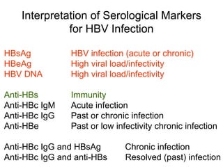 Interpretation of Serological Markers
              for HBV Infection

HBsAg           HBV infection (acute or chronic)
HBeAg           High viral load/infectivity
HBV DNA         High viral load/infectivity

Anti-HBs        Immunity
Anti-HBc IgM    Acute infection
Anti-HBc IgG    Past or chronic infection
Anti-HBe        Past or low infectivity chronic infection

Anti-HBc IgG and HBsAg         Chronic infection
Anti-HBc IgG and anti-HBs      Resolved (past) infection
 