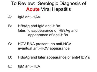 To Review: Serologic Diagnosis of
       Acute Viral Hepatitis
A:   IgM anti-HAV

B:   HBsAg and IgM anti-HBc
     later: disappearance of HBsAg and
            appearance of anti-HBs

C:   HCV RNA present, no anti-HCV
     eventual anti-HCV appearance

D:   HBsAg and later appearance of anti-HDV s

E:   IgM anti-HEV
 
