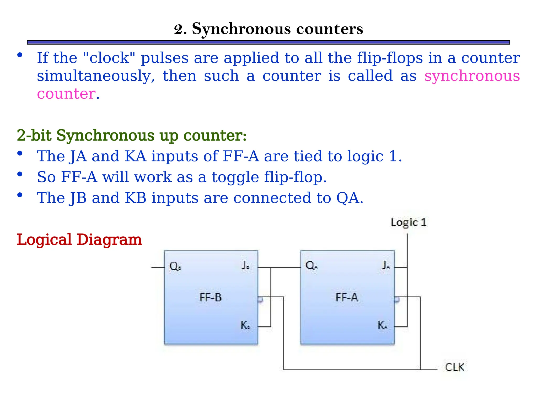 2. Synchronous counters
• If the "clock" pulses are applied to all the flip-flops in a counter
simultaneously, then such a counter is called as synchronous
counter.
2-bit Synchronous up counter:
• The JA and KA inputs of FF-A are tied to logic 1.
• So FF-A will work as a toggle flip-flop.
• The JB and KB inputs are connected to QA.
Logical Diagram:
 