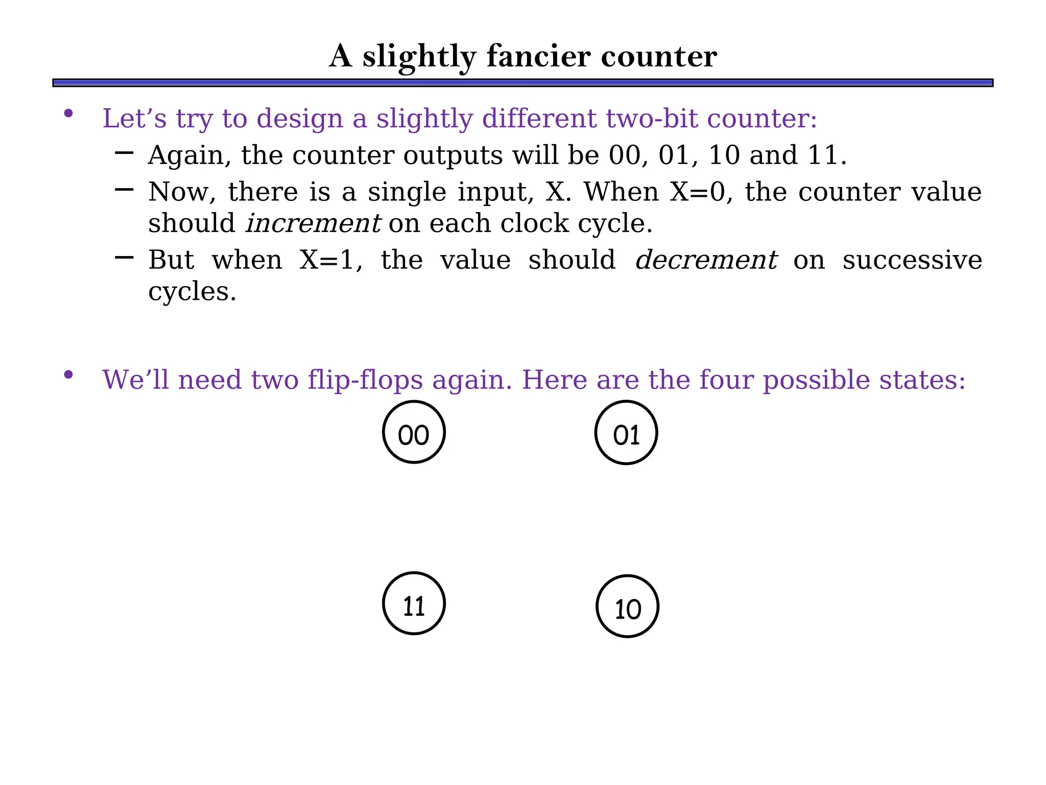 A slightly fancier counter
• Let’s try to design a slightly different two-bit counter:
– Again, the counter outputs will be 00, 01, 10 and 11.
– Now, there is a single input, X. When X=0, the counter value
should increment on each clock cycle.
– But when X=1, the value should decrement on successive
cycles.
• We’ll need two flip-flops again. Here are the four possible states:
00 01
10
11
 