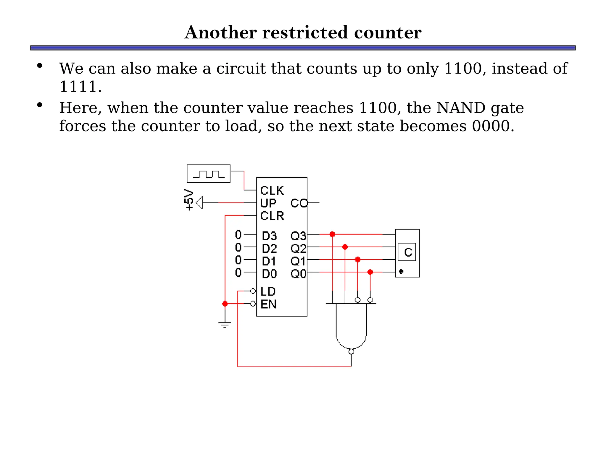 Another restricted counter
• We can also make a circuit that counts up to only 1100, instead of
1111.
• Here, when the counter value reaches 1100, the NAND gate
forces the counter to load, so the next state becomes 0000.
 