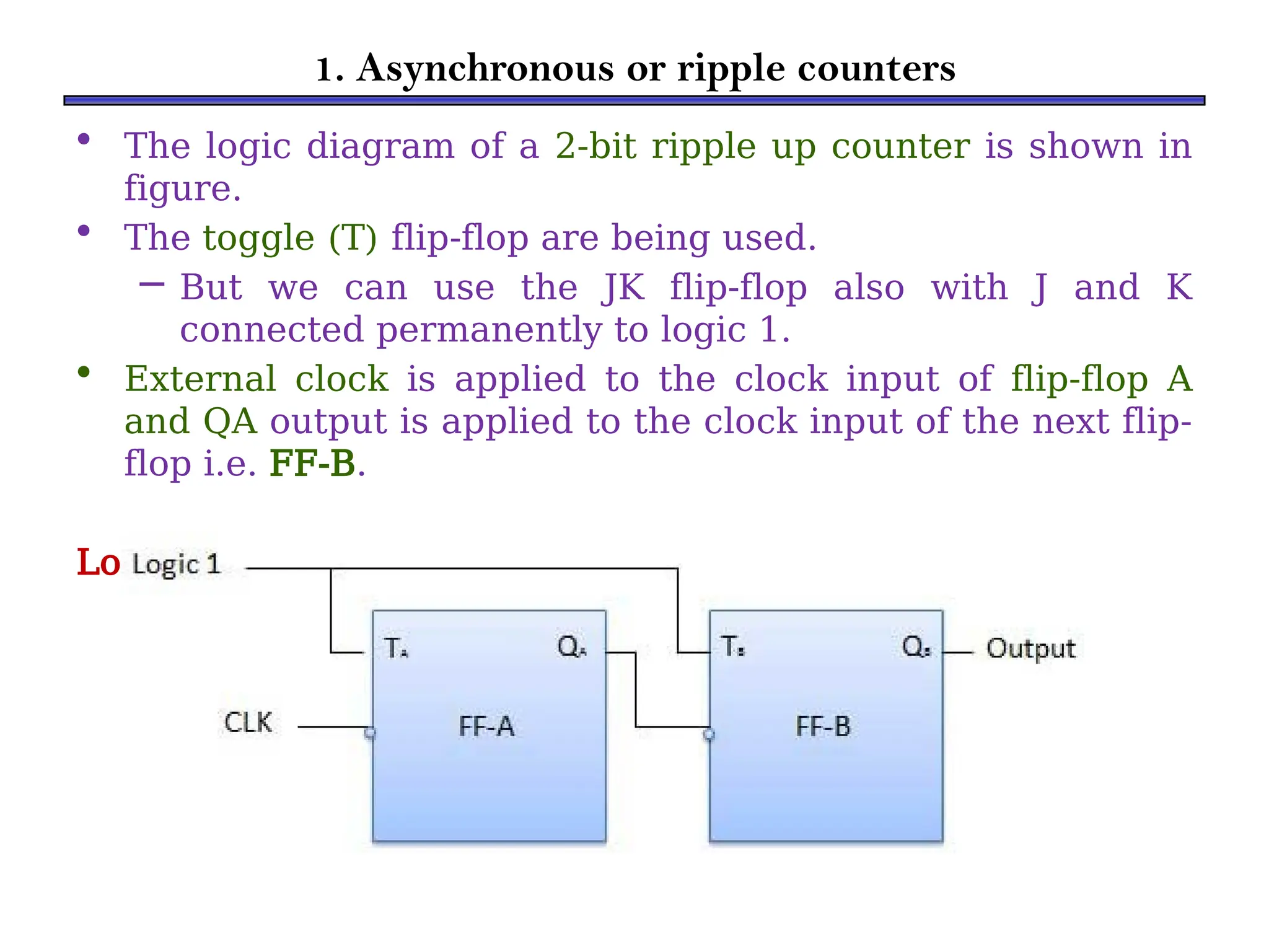 1. Asynchronous or ripple counters
• The logic diagram of a 2-bit ripple up counter is shown in
figure.
• The toggle (T) flip-flop are being used.
– But we can use the JK flip-flop also with J and K
connected permanently to logic 1.
• External clock is applied to the clock input of flip-flop A
and QA output is applied to the clock input of the next flip-
flop i.e. FF-B.
Logical Diagram:
 