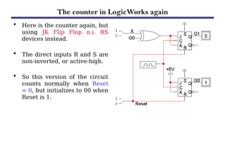 The counter in LogicWorks again
• Here is the counter again, but
using JK Flip Flop n.i. RS
devices instead.
• The direct inputs R and S are
non-inverted, or active-high.
• So this version of the circuit
counts normally when Reset
= 0, but initializes to 00 when
Reset is 1.
 