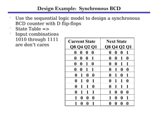 Design Example: Synchronous BCD
• Use the sequential logic model to design a synchronous
BCD counter with D flip-flops
• State Table =>
• Input combinations
1010 through 1111
are don’t cares
Current State
Q8 Q4 Q2 Q1
Next State
Q8 Q4 Q2 Q1
0 0 0 0 0 0 0 1
0 0 0 1 0 0 1 0
0 0 1 0 0 0 1 1
0 0 1 1 0 1 0 0
0 1 0 0 0 1 0 1
0 1 0 1 0 1 1 0
0 1 1 0 0 1 1 1
0 1 1 1 1 0 0 0
1 0 0 0 1 0 0 1
1 0 0 1 0 0 0 0
 