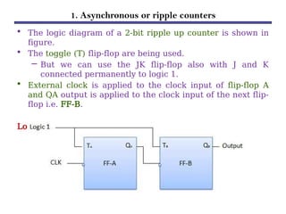 1. Asynchronous or ripple counters
• The logic diagram of a 2-bit ripple up counter is shown in
figure.
• The toggle (T) flip-flop are being used.
– But we can use the JK flip-flop also with J and K
connected permanently to logic 1.
• External clock is applied to the clock input of flip-flop A
and QA output is applied to the clock input of the next flip-
flop i.e. FF-B.
Logical Diagram:
 