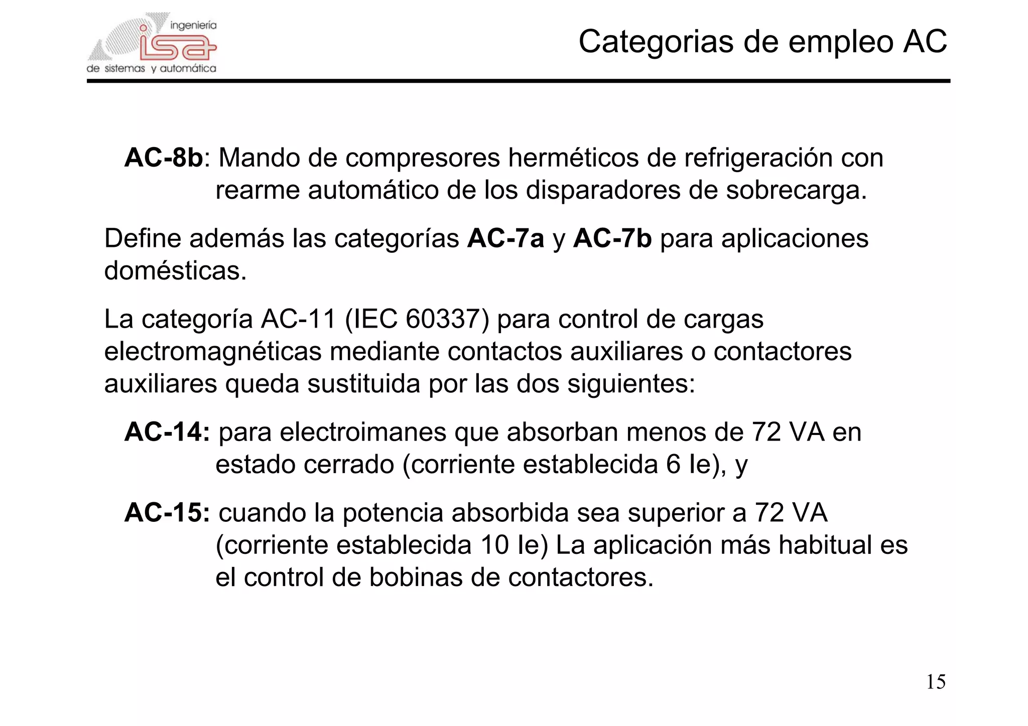 15
Categorias de empleo AC
AC-8b: Mando de compresores herméticos de refrigeración con
rearme automático de los disparadores de sobrecarga.
Define además las categorías AC-7a y AC-7b para aplicaciones
domésticas.
La categoría AC-11 (IEC 60337) para control de cargas
electromagnéticas mediante contactos auxiliares o contactores
auxiliares queda sustituida por las dos siguientes:
AC-14: para electroimanes que absorban menos de 72 VA en
estado cerrado (corriente establecida 6 Ie), y
AC-15: cuando la potencia absorbida sea superior a 72 VA
(corriente establecida 10 Ie) La aplicación más habitual es
el control de bobinas de contactores.
 