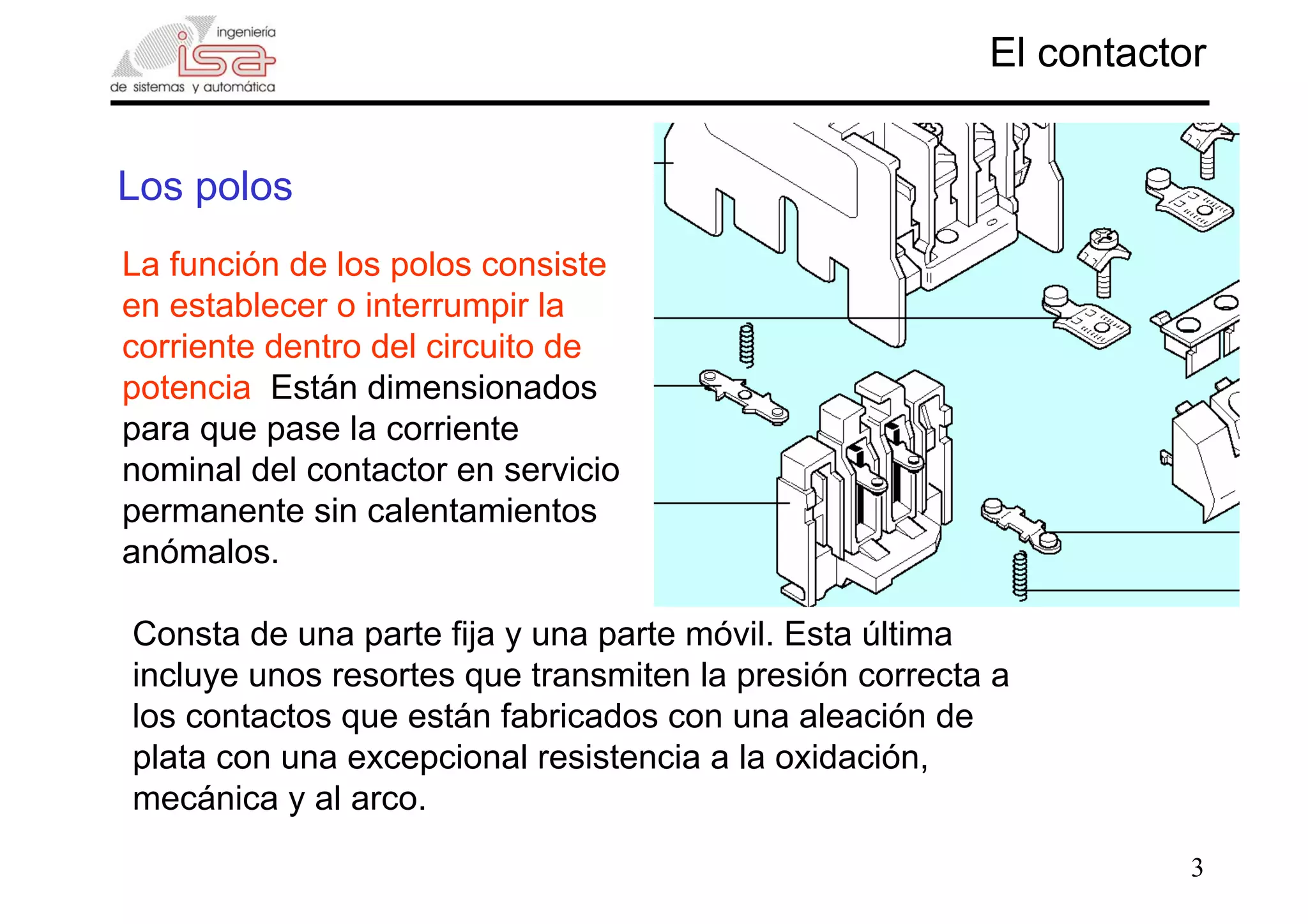 3
Los polos
El contactor
La función de los polos consiste
en establecer o interrumpir la
corriente dentro del circuito de
potencia. Están dimensionados
para que pase la corriente
nominal del contactor en servicio
permanente sin calentamientos
anómalos.
Consta de una parte fija y una parte móvil. Esta última
incluye unos resortes que transmiten la presión correcta a
los contactos que están fabricados con una aleación de
plata con una excepcional resistencia a la oxidación,
mecánica y al arco.
 