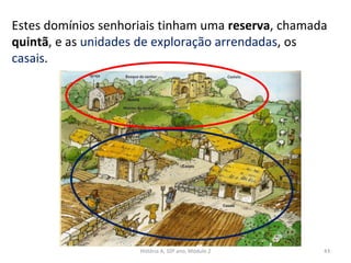Estes domínios senhoriais tinham uma reserva, chamada
quintã, e as unidades de exploração arrendadas, os
casais.
História A, 10º ano, Módulo 2 43
 