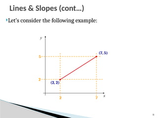 11
Let’s consider the following example:
x
y
(2, 2)
(7, 5)
2 7
2
5
Lines & Slopes (cont…)
 