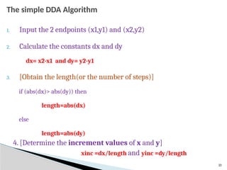 23
The simple DDA Algorithm
1. Input the 2 endpoints (x1,y1) and (x2,y2)
2. Calculate the constants dx and dy
dx= x2-x1 and dy= y2-y1
3. [Obtain the length(or the number of steps)]
if (abs(dx)> abs(dy)) then
length=abs(dx)
else
length=abs(dy)
4. [Determine the increment values of x and y]
xinc =dx/length and yinc =dy/length
 