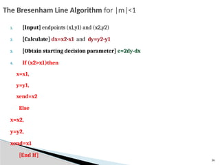 34
1. [Input] endpoints (x1,y1) and (x2,y2)
2. [Calculate] dx=x2-x1 and dy=y2-y1
3. [Obtain starting decision parameter] e=2dy-dx
4. If (x2>x1)then
x=x1,
y=y1,
xend=x2
Else
x=x2,
y=y2,
xend=x1
[End If]
The Bresenham Line Algorithm for |m|<1
 