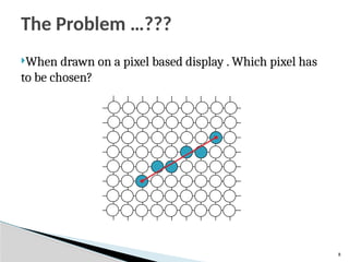 8
The Problem …???
When drawn on a pixel based display . Which pixel has
to be chosen?
 