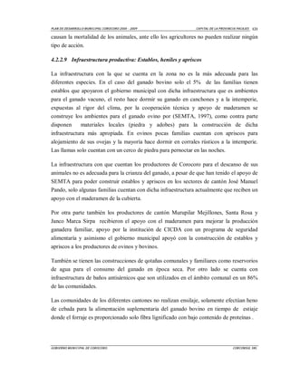 PLAN D E DESAR ROLLO M UNI CI PA L COROCORO 2005 - 2009        CA PI TAL DE LA P ROVI NCI A PACAJES   121

causan la mortalidad de los animales, ante ello los agricultores no pueden realizar ningún
tipo de acción.

4.2.2.9 Infraestructura productiva: Establos, heniles y apriscos

La infraestructura con la que se cuenta en la zona no es la más adecuada para las
diferentes especies. En el caso del ganado bovino solo el 5% de las familias tienen
establos que apoyaron el gobierno municipal con dicha infraestructura que es ambientes
para el ganado vacuno, el resto hace dormir su ganado en canchones y a la intemperie,
expuestas al rigor del clima, por la cooperación técnica y apoyo de maderamen se
construye los ambientes para el ganado ovino por (SEMTA, 1997), como contra parte
disponen     materiales locales (piedra y adobes) para la construcción de dicha
infraestructura más apropiada. En ovinos pocas familias cuentan con apriscos para
alojamiento de sus ovejas y la mayoría hace dormir en corrales rústicos a la intemperie.
Las llamas solo cuentan con un cerco de piedra para pernoctar en las noches.

La infraestructura con que cuentan los productores de Corocoro para el descanso de sus
animales no es adecuada para la crianza del ganado, a pesar de que han tenido el apoyo de
SEMTA para poder construir establos y apriscos en los sectores de cantón José Manuel
Pando, solo algunas familias cuentan con dicha infraestructura actualmente que reciben un
apoyo con el maderamen de la cubierta.

Por otra parte también los productores de cantón Murupilar Mejillones, Santa Rosa y
Janco Marca Sirpa recibieron el apoyo con el maderamen para mejorar la producción
ganadera familiar, apoyo por la institución de CICDA con un programa de seguridad
alimentaría y asimismo el gobierno municipal apoyó con la construcción de establos y
apriscos a los productores de ovinos y bovinos.

También se tienen las construcciones de qotañas comunales y familiares como reservorios
de agua para el consumo del ganado en época seca. Por otro lado se cuenta con
infraestructura de baños antisárnicos que son utilizados en el ámbito comunal en un 86%
de las comunidades.

Las comunidades de los diferentes cantones no realizan ensilaje, solamente efectúan heno
de cebada para la alimentación suplementaria del ganado bovino en tiempo de estiaje
donde el forraje es proporcionado solo fibra lignificado con bajo contenido de proteínas .




GOBI ERNO M UNI CI PAL DE COROCORO.                                                     CORCONSUL SRL
 