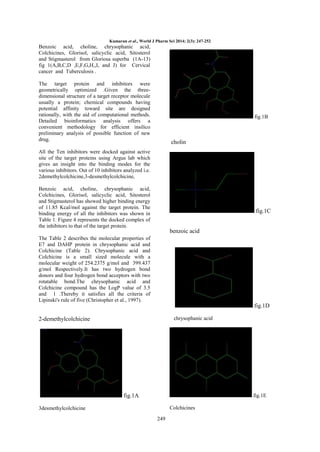 Kumaran et al., World J Pharm Sci 2014; 2(3): 247-252

Benzoic acid, choline, chrysophanic acid,
Colchicines, Glorisol, salicyclic acid, Sitosterol
and Stigmasterol from Gloriosa superba (1A-13)
fig 1(A,B,C,D ,E,F,G,H,,I, and J) for Cervical
cancer and Tuberculosis .
The target protein and inhibitors were
geometrically optimized .Given the threedimensional structure of a target receptor molecule
usually a protein; chemical compounds having
potential affinity toward site are designed
rationally, with the aid of computational methods.
Detailed bioinformatics analysis offers a
convenient methodology for efficient insilico
preliminary analysis of possible function of new
drug.

fig.1B

cholin

All the Ten inhibitors were docked against active
site of the target proteins using Argus lab which
gives an insight into the binding modes for the
various inhibitors. Out of 10 inhibitors analyzed i.e.
2demethylcolchicine,3-desmethylcolchicine,
Benzoic acid, choline, chrysophanic acid,
Colchicines, Glorisol, salicyclic acid, Sitosterol
and Stigmasterol has showed higher binding energy
of 11.85 Kcal/mol against the target protein. The
binding energy of all the inhibitors was shown in
Table 1. Figure 4 represents the docked complex of
the inhibitors to that of the target protein.

fig.1C
benzoic acid

The Table 2 describes the molecular properties of
E7 and DAHP protein in chrysophanic acid and
Colchicine (Table 2). Chrysophanic acid and
Colchicine is a small sized molecule with a
molecular weight of 254.2375 g/mol and 399.437
g/mol Respectively.It has two hydrogen bond
donors and four hydrogen bond acceptors with two
rotatable bond.The chrysophanic acid and
Colchicine compound has the LogP value of 3.5
and 1 .Thereby it satisfies all the criteria of
Lipinski's rule of five (Christopher et al., 1997).

fig.1D
chrysophanic acid

2-demethylcolchicine

fig.1A

fig.1E
Colchicines

3desmethylcolchicine
249

 