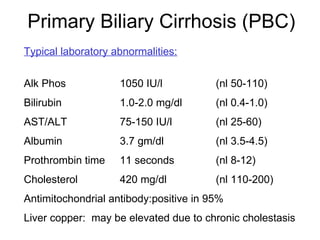 Primary Biliary Cirrhosis (PBC)
Typical laboratory abnormalities:


Alk Phos            1050 IU/l           (nl 50-110)
Bilirubin           1.0-2.0 mg/dl       (nl 0.4-1.0)
AST/ALT             75-150 IU/l         (nl 25-60)
Albumin             3.7 gm/dl           (nl 3.5-4.5)
Prothrombin time    11 seconds          (nl 8-12)
Cholesterol         420 mg/dl           (nl 110-200)
Antimitochondrial antibody:positive in 95%
Liver copper: may be elevated due to chronic cholestasis
 