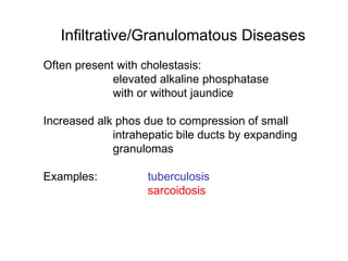 Infiltrative/Granulomatous Diseases
Often present with cholestasis:
             elevated alkaline phosphatase
             with or without jaundice

Increased alk phos due to compression of small
             intrahepatic bile ducts by expanding
             granulomas

Examples:           tuberculosis
                    sarcoidosis
 
