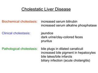Cholestatic Liver Disease

Biochemical cholestasis:    increased serum bilirubin
                            increased serum alkaline phosphatase

Clinical cholestasis:       jaundice
                            dark urine/clay-colored feces
                            pruritus

Pathological cholestasis:   bile plugs in dilated canaliculi
                            increased bile pigment in hepatocytes
                            bile lakes/bile infarcts
                            biliary infection (acute cholangitis)
 