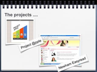 The projects ....



                               Text




                       p ple
              jec t@
        Pro



                                                         s yr ead
                                                  m Ea
                                          ew ha
                                      N
 