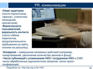 10
PR, коммуникации
•Охват аудитории
(число подписчиков,
«фанов», статистика
посещений,
просмотров);
•Вовлеченность
пользователей,
виральность контента
(число лайков,
перепостов,
продолжительность
пребывания на сайте,
отклики на рассылку);
Подробнее см.: http://ep.org.ru/?p=1461
•Конверсия – совершение желаемых действий (например,
пожертвований, увеличение количества звонков в фонд);
•Число публикаций с упоминанием НКО / сотрудников НКО в СМИ,
число обработанных журналистских запросов, число пресс-
конференций
 