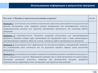 139
Чек-лист 5. Находят ли применение результаты измерения? Да/нет
Критерий 1: использование результатов измерения при управлении организацией или программой для
решения поставленных задач, например создание материальных или нематериальных стимулов,
перераспределение ресурсов или пересмотр программной деятельности для улучшения работы
программы.
Критерий 2: подконтрольность. Результаты измерения используются для документирования
прогресса в решении стоящих перед организацией или программой задач, а также демонстрируют
заинтересованным сторонам и обществу в целом значимость работы организации или программы.
Критерий 3: демонстрация более эффективной или качественной работы, показывающей, например,
что установленные цели достигнуты или что результаты текущего периода лучше результатов
предыдущего.
Критерий 4: использование результатов измерения для принятия решений о распределении ресурсов и
других управленческих решений. Принимающие решения лица в самой организации или вышестоящих
инстанциях используют результаты измерения при распределении ресурсов, разработке
законодательства, нормативных актов, инструкций и при принятии иных решений.
Использование информации о результатах программ
 