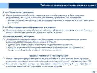 142
Требования к потенциалу и процессам организации
В части Человеческого потенциала:
 Организации должны обеспечить развитие компетенций сотрудников в сфере измерения
результативности и создать условия для практического применения этих компетенций
• Должна быть предусмотрена система мотивации сотрудников, отвечающих за процесс измерения
результатов.
В части Организационного и информационного потенциала:
 Организации должны иметь собственные политики в области измерения результатов и обеспечить
информационно-технологическую поддержку процесса оценки.
В части Материального потенциала:
 Для проведения измерения результатов благотворительных программ организации должны
располагать соответствующими финансовыми ресурсами.
• Должны быть предусмотрены инвестиции в создание системы измерения;
• Средства на регулярное проведение измерения результатов должны закладываться в
программном бюджете организации на этапе планирования.
Основные требования к бизнес-процессам:
 Процесс измерения результатов деятельности должен быть встроен в общие бизнес процессы
организации и настроены в соответствие с процессами верхнего уровня, утвержденными для КСФ
 Важно учитывать, что входом для всех процессов измерения является потребность в проведении
измерения, а выходом – использование результатов измерения.
 