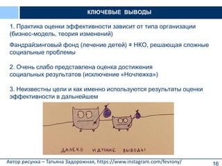 16
1. Практика оценки эффективности зависит от типа организации
(бизнес-модель, теория изменений)
Фандрайзинговый фонд (лечение детей) ≠ НКО, решающая сложные
социальные проблемы
2. Очень слабо представлена оценка достижения
социальных результатов (исключение «Ночлежка»)
3. Неизвестны цели и как именно используются результаты оценки
эффективности в дальнейшем
КЛЮЧЕВЫЕ ВЫВОДЫ
Автор рисунка – Татьяна Задорожная, https://www.instagram.com/fevrony/
 