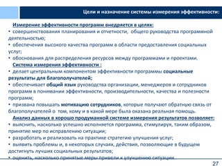 27
Измерение эффективности программ внедряется в целях:
• совершенствования планирования и отчетности, общего руководства программной
деятельностью;
• обеспечения высокого качества программ в области предоставления социальных
услуг;
• обоснования для распределения ресурсов между программами и проектами.
Система измерения эффективности :
• делает центральным компонентом эффективности программы социальные
результаты для благополучателей;
• обеспечивает общий язык руководства организации, менеджеров и сотрудников
программ в понимании эффективности, производительности, качества и полезности
программ;
• призвана повышать мотивацию сотрудников, которые получают обратную связь от
благополучателей о том, кому и в какой мере была оказана реальная помощь.
Анализ данных в хорошо продуманной системе измерения результатов позволяет:
• выяснить, насколько успешно исполняется программа, стимулируя, таким образом,
принятие мер по исправлению ситуации;
• разработать и реализовать на практике стратегию улучшения услуг;
• выявить проблемы и, в некоторых случаях, действия, позволяющие в будущем
достигнуть лучших социальных результатов;
• оценить, насколько принятые меры привели к улучшению ситуации.
Цели и назначение системы измерения эффективности:
 