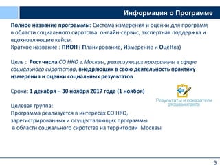 3
Информация о Программе
Полное название программы: Система измерения и оценки для программ
в области социального сиротства: онлайн-сервис, экспертная поддержка и
вдохновляющие кейсы.
Краткое название : ПИОН ( Планирование, Измерение и ОцеНка)
Цель : Рост числа СО НКО г.Москвы, реализующих программы в сфере
социального сиротства, внедряющих в свою деятельность практику
измерения и оценки социальных результатов
Сроки: 1 декабря – 30 ноября 2017 года (1 ноября)
Целевая группа:
Программа реализуется в интересах СО НКО,
зарегистрированных и осуществляющих программы
в области социального сиротства на территории Москвы
 