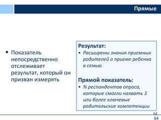 64
Прямые
• Показатель
непосредственно
отслеживает
результат, который он
призван измерять
Результат:
• Расширены знания приемных
родителей о приеме ребенка
в семью
Прямой показатель:
• % респондентов опроса,
которые смогли назвать 3
или более ключевые
родительские компетенции
64
 