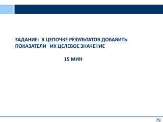 79
ЗАДАНИЕ: К ЦЕПОЧКЕ РЕЗУЛЬТАТОВ ДОБАВИТЬ
ПОКАЗАТЕЛИ ИХ ЦЕЛЕВОЕ ЗНАЧЕНИЕ
15 МИН
 