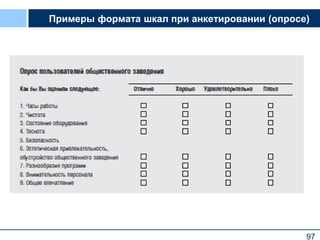 97
Примеры формата шкал при анкетировании (опросе)
 