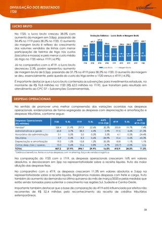 18
DIVULGAÇÃO DOS RESULTADOS
1T20
LUCRO BRUTO
DESPESAS OPERACIONAIS
No 1T20, o lucro bruto cresceu 38,0% com
aumento da margem em 3,8pp, passando de
34,4% no 1T19 para 38,2% no 1T20. O aumento
da margem bruta é reflexo do crescimento
dos volumes vendidos de linhas com menor
participação de farinha de trigo nos custos
(biscoitos e massas) e pelo menor custo médio
do trigo no 1T20 versus 1T19 (-6,9%).
Já no comparativo com o 4T19, o lucro bruto
decresceu 2,3%, porém apresentou aumento
de margem bruta de 0,5pp, passando de 37,7% no 4T19 para 38,2% no 1T20. O aumento da margem
se deu, essencialmente, pela queda do custo do trigo entre o 1T20 versus o 4T19 (-4,5%).
É importante destacar que o lucro bruto contempla as subvenções para investimentos estaduais, no
montante de R$ 76,8 milhões no 1T20 (R$ 62,0 milhões no 1T19), que transitam pelo resultado em
atendimento ao CPC 07 – Subvenções Governamentais.
No sentido de promover uma melhor compreensão das variações ocorridas nas despesas
operacionais, evidenciamos de forma segregada as despesas com depreciação e amortização e
despesas tributárias, conforme segue:
Na comparação do 1T20 com o 1T19, as despesas operacionais cresceram 16% em valores
absolutos, e decresceram em 2pp na representatividade sobre a receita líquida, fruto da maior
diluição das despesas fixas.
No comparativo com o 4T19, as despesas cresceram 11,3% em valores absolutos e 3,6pp na
representatividade sobre a receita líquida. Registramos maiores despesas com frete e carga, fruto
também do aumento da demanda na última quinzena do mês de março/2020 e pelas medidas que
estão sendo tomadas para sustentar o crescimento nas regiões Sul, Sudeste e Centro-Oeste.
Importante também destacar que a base de comparação do 4T19 está influenciada por efeitos não
recorrentes de R$ 52,4 milhões pelo reconhecimento da receita de créditos tributários
extemporâneos.
Despesas Operacionais
(R$ milhões)
1T20 % RL 1T19 % RL
AH%
1T19-1T20
4T19 % RL
AH%
4T19-1T20
Vendas* 358,4 21,9% 297,9 22,6% 20,3% 333,8 19,7% 7,4%
Administrativas e gerais 60,8 3,7% 58,5 4,4% 3,9% 77,5 4,6% -21,5%
Honorários da administração 3,1 0,2% 3,0 0,2% 3,3% 4,1 0,2% -24,4%
Tributárias 5,9 0,4% 8,3 0,6% -28,9% 10,4 0,6% -43,3%
Depreciação e amortização 19,0 1,2% 15,8 1,2% 20,3% 18,8 1,1% 1,1%
Outras desp./(rec.) operac. 10,0 0,6% 10,6 0,8% -5,7% (33,7) -2,0% n/a
TOTAL 457,2 27,9% 394,1 29,9% 16,0% 410,9 24,3% 11,3%
*Salários e benefícios, fretes e outras despesas com m arketing, força de vendas e logística.
 